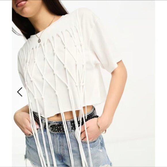 Miss Selfridge Tops - Miss Selfridge festival macrame cropped fringed t-shirt in cream